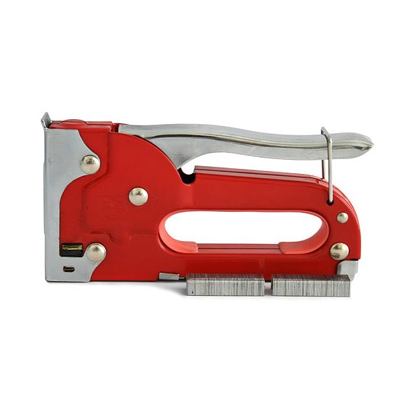 Kézi tűzőgép, Strend Pro S204, piros, 4–8 mm kapocshossz, C típusú kapcsokhoz, acél burkolat, acél mechanika, 100 db kapoccsal, kárpitos