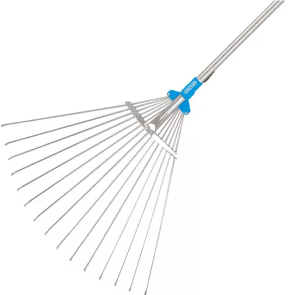 Lombseprű, gereblye, Aquacraft 380310 Prémium, ezüst/kék, 15 fogú, acél fej, alumínium nyél, 30–50 cm munkaszélesség, 152 cm nyél, állítható szélesség
