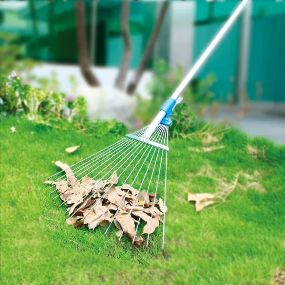 Lombseprű, gereblye, Aquacraft 380310 Prémium, ezüst/kék, 15 fogú, acél fej, alumínium nyél, 30–50 cm munkaszélesség, 152 cm nyél, állítható szélesség