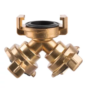 Kerti tömlőelosztó, Strend Pro Garden GF126, sárgaréz, 3/4", Y elosztó, bajonettzáras, kerti locsoláshoz és öntözőrendszerhez, 1 bemenet - 2 kimenet