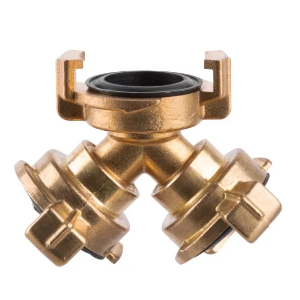 Kerti tömlőelosztó, Strend Pro Garden GF126, sárgaréz, 3/4", Y elosztó, bajonettzáras, kerti locsoláshoz és öntözőrendszerhez, 1 bemenet - 2 kimenet