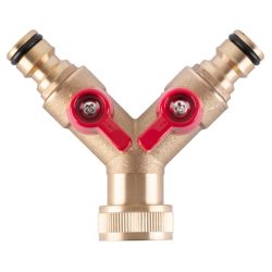   Kerti tömlőelosztó, Strend Pro Garden GF123, sárgaréz, 3/4", Y elosztó, bajonettzáras, kerti locsoláshoz és öntözőrendszerhez, 1 bemenet - 2 kimenet, szelepes