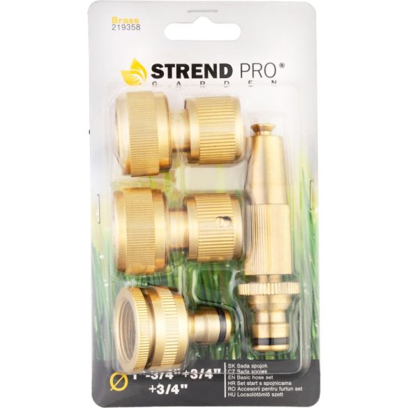 Kerti csatlakozókészlet, Strend Pro Garden GF343, sárgaréz, kerti öntözéshez, adapter: 3/4" – 1", csatlakozók: 3/4", fúvóka