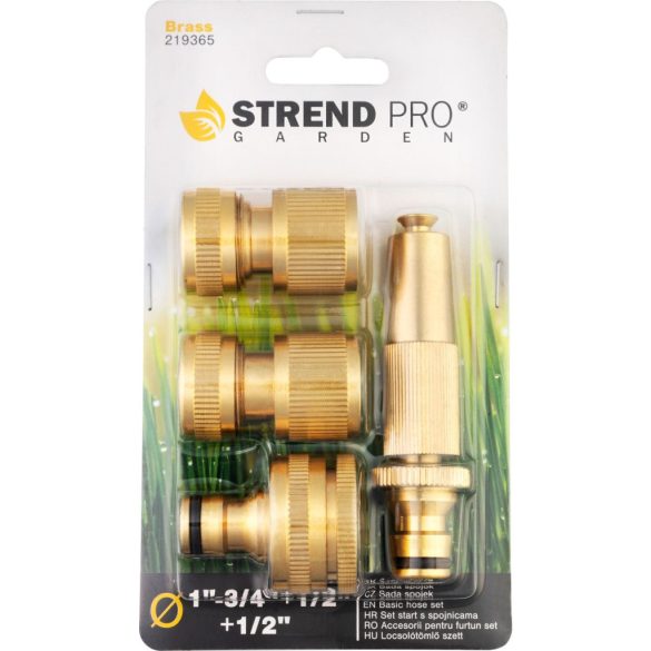 Kerti csatlakozókészlet, Strend Pro Garden GF341, sárgaréz, kerti öntözéshez, adapter: 3/4" – 1", csatlakozók: 1/2", fúvóka