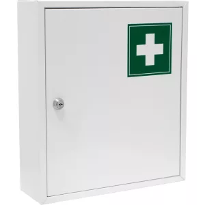 Elsősegélydoboz, Strend Pro Medic, fehér, 31 x 10 x 36 cm, porszórt acél, falra szerelhető, kulcsos hengerzárral (TC219730)