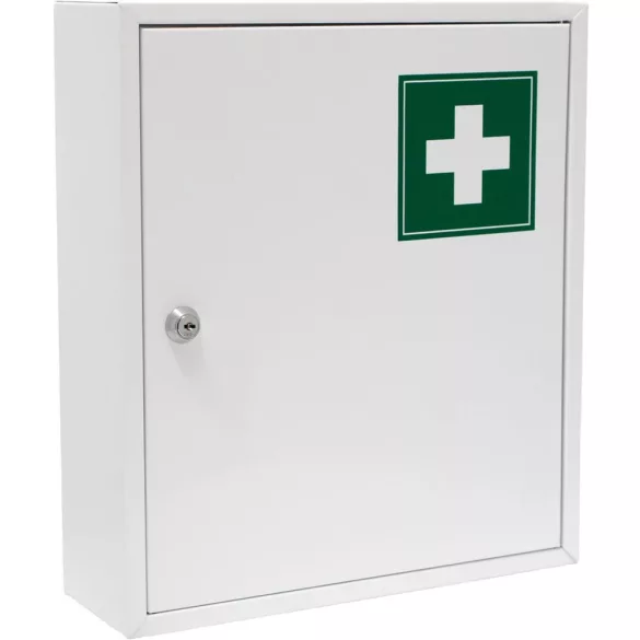 Elsősegélydoboz, Strend Pro Medic, fehér, 31 x 10 x 36 cm, porszórt acél, falra szerelhető, kulcsos hengerzárral (TC219730)