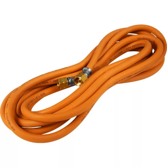 Gáztömlő, Strend Pro GH01, narancssárga, 1,5 m hossz, 6,3 mm átmérő, 2 x G3/8" menet, Propán-Bután gázhoz