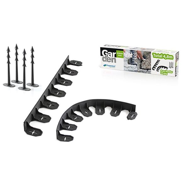Gyepszegély, Prosperplast Garden Border 0645, fekete, 480 cm, 45 mm magas, hajlékony és formázható, 24 rögzítőtüskével