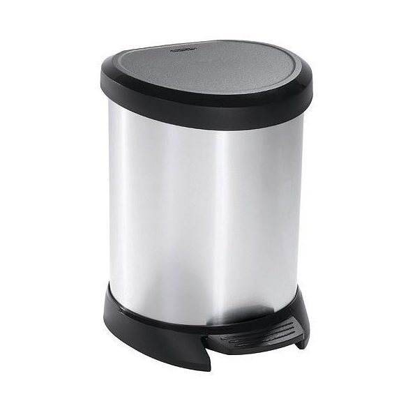 Szemeteskuka, Curver Deco Bin, 5 l, ezüst/fekete, pedálos, ujjlenyomatmentes, műanyag, fémhatású