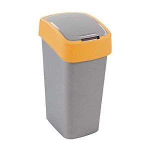 Szemeteskuka, Curver Flip Bin, 25 l, ezüstszürke/sárga, kézi nyitású, csuklós fedelű, műanyag, praktikus
