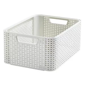 Tárolókosár, Curver Style2 M, krémszínű, 38 x 29 x 17 cm, egymásra rakható, műanyag, rattan hatású, fogantyúkkal, szögletes