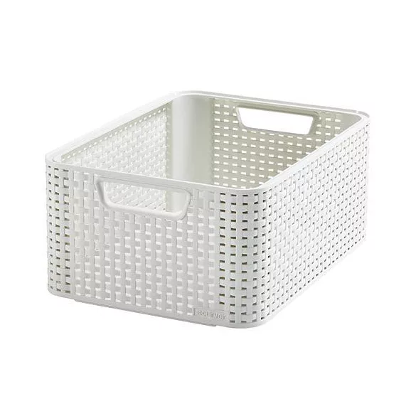 Tárolókosár, Curver Style2 M, krémszínű, 38 x 29 x 17 cm, egymásra rakható, műanyag, rattan hatású, fogantyúkkal, szögletes