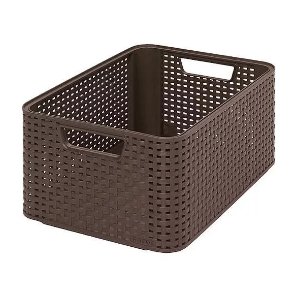 Tárolókosár, Curver Style2 M, sötétbarna, 38 x 29 x 17 cm, egymásra rakható, műanyag, rattan hatású, fogantyúkkal, szögletes