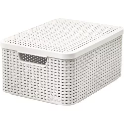   Tárolókosár, Curver Style2 Lid M, krémszínű, 38 x 29 x 17 cm, egymásra rakható, műanyag, rattan hatású, fogantyúkkal, fedeles, szögletes