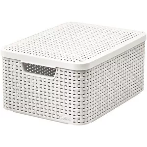 Tárolókosár, Curver Style2 Lid M, krémszínű, 38 x 29 x 17 cm, egymásra rakható, műanyag, rattan hatású, fogantyúkkal, fedeles, szögletes