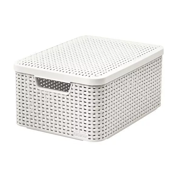 Tárolókosár, Curver Style2 Lid M, krémszínű, 38 x 29 x 17 cm, egymásra rakható, műanyag, rattan hatású, fogantyúkkal, fedeles, szögletes