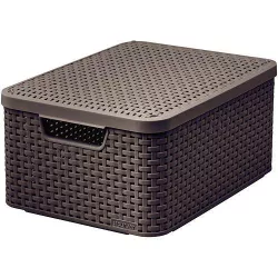   Tárolókosár, Curver Style2 Lid M, sötétbarna, 38 x 29 x 17 cm, egymásra rakható, műanyag, rattan hatású, fogantyúkkal, fedeles, szögletes