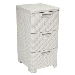   Komód, Curver Style, krémszínű, 33 × 60 × 38 cm, 3 fiókos, műanyag, rattan hatású, szögletes