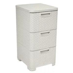 Komód, Curver Style, krémszínű, 33 × 60 × 38 cm, 3 fiókos, műanyag, rattan hatású, szögletes