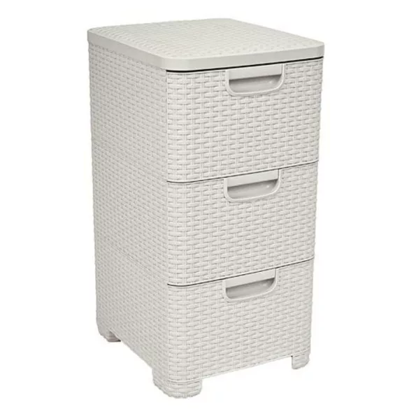 Komód, Curver Style, krémszínű, 33 × 60 × 38 cm, 3 fiókos, műanyag, rattan hatású, szögletes