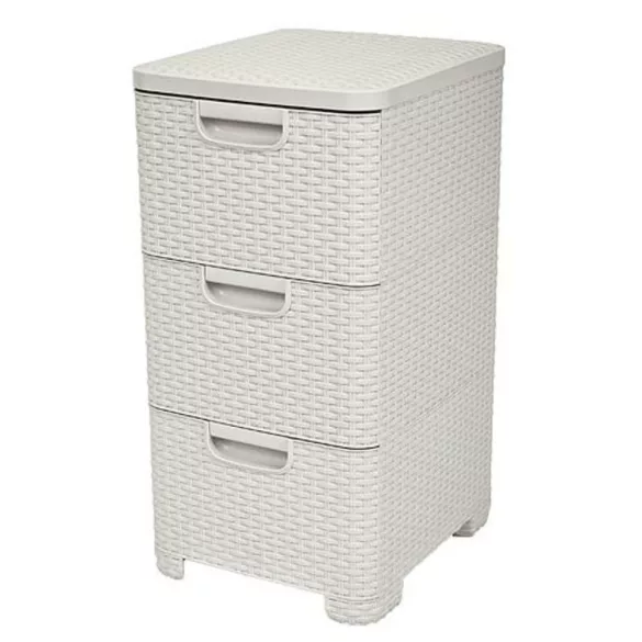 Komód, Curver Style, krémszínű, 33 × 60 × 38 cm, 3 fiókos, műanyag, rattan hatású, szögletes