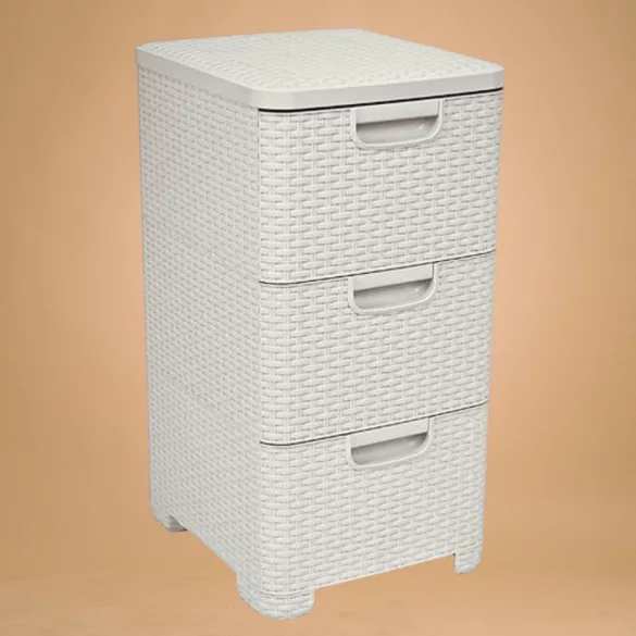 Komód, Curver Style, krémszínű, 33 × 60 × 38 cm, 3 fiókos, műanyag, rattan hatású, szögletes