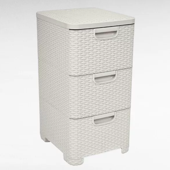 Komód, Curver Style, krémszínű, 33 × 60 × 38 cm, 3 fiókos, műanyag, rattan hatású, szögletes