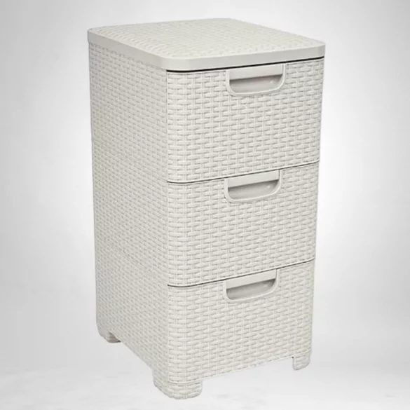 Komód, Curver Style, krémszínű, 33 × 60 × 38 cm, 3 fiókos, műanyag, rattan hatású, szögletes