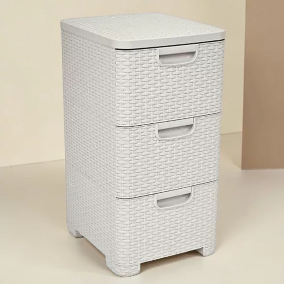 Komód, Curver Style, krémszínű, 33 × 60 × 38 cm, 3 fiókos, műanyag, rattan hatású, szögletes