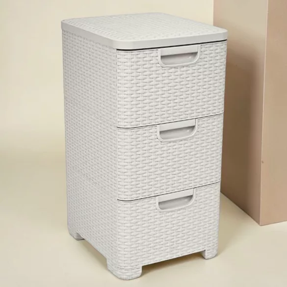 Komód, Curver Style, krémszínű, 33 × 60 × 38 cm, 3 fiókos, műanyag, rattan hatású, szögletes