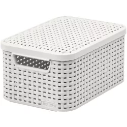   Tárolókosár, Curver Style2 Lid S, krémszínű, 29 × 20 × 14 cm, egymásra rakható, műanyag, rattan hatású, fogantyúkkal, fedeles, szögletes