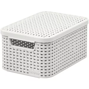 Tárolókosár, Curver Style2 Lid S, krémszínű, 29 × 20 × 14 cm, egymásra rakható, műanyag, rattan hatású, fogantyúkkal, fedeles, szögletes