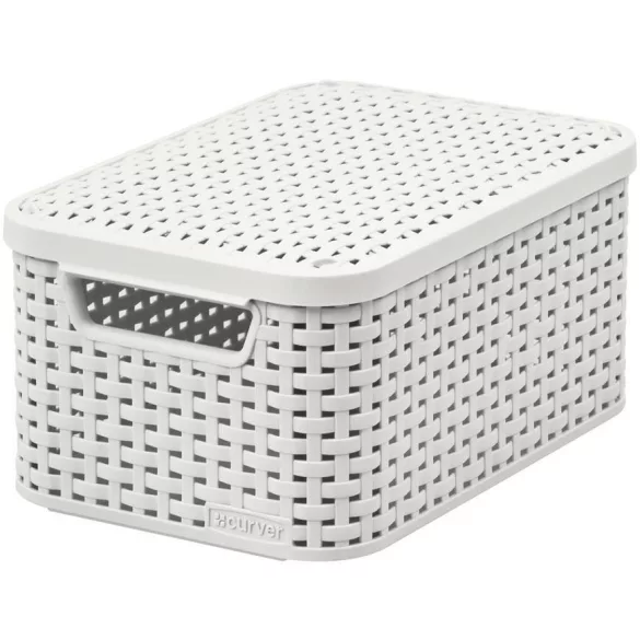 Tárolókosár, Curver Style2 Lid S, krémszínű, 29 × 20 × 14 cm, egymásra rakható, műanyag, rattan hatású, fogantyúkkal, fedeles, szögletes