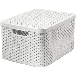   Tárolókosár, Curver Style2 Lid L, krémszínű, 45 x 25 x 33 cm, egymásra rakható, műanyag, rattan hatású, fogantyúkkal, fedeles, szögletes