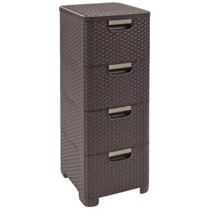 Komód, Curver Stylre, sötétbarna, 33 x 79 x 38 cm, 4 fiókos, műanyag, rattan hatású, szögletes