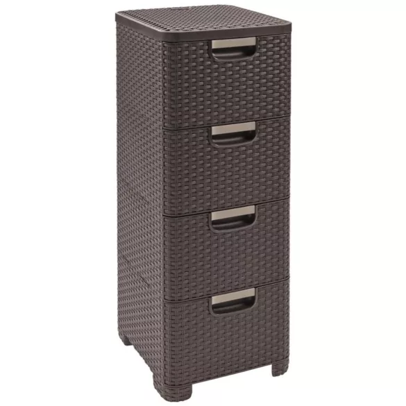 Komód, Curver Stylre, sötétbarna, 33 x 79 x 38 cm, 4 fiókos, műanyag, rattan hatású, szögletes