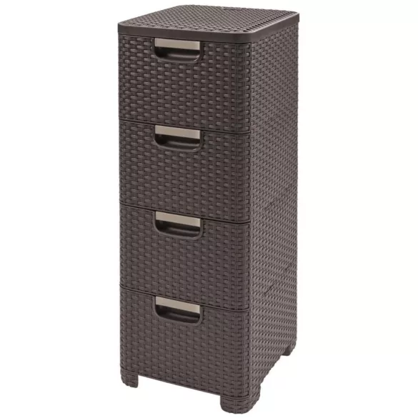 Komód, Curver Stylre, sötétbarna, 33 x 79 x 38 cm, 4 fiókos, műanyag, rattan hatású, szögletes