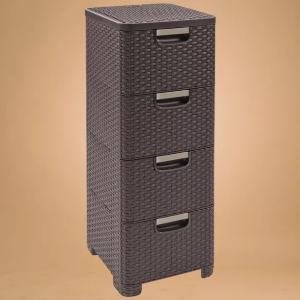 Komód, Curver Stylre, sötétbarna, 33 x 79 x 38 cm, 4 fiókos, műanyag, rattan hatású, szögletes