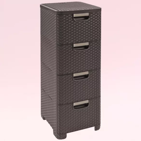 Komód, Curver Stylre, sötétbarna, 33 x 79 x 38 cm, 4 fiókos, műanyag, rattan hatású, szögletes