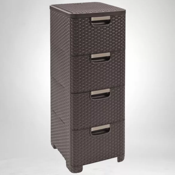 Komód, Curver Stylre, sötétbarna, 33 x 79 x 38 cm, 4 fiókos, műanyag, rattan hatású, szögletes