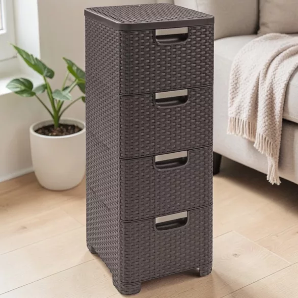 Komód, Curver Stylre, sötétbarna, 33 x 79 x 38 cm, 4 fiókos, műanyag, rattan hatású, szögletes