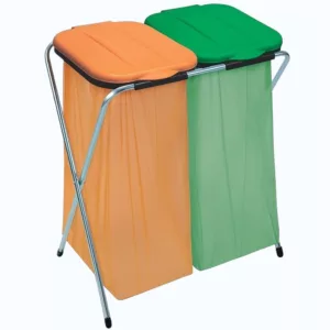 Szemeteszsáktartó állvány, Strend Pro Ecofix-2 Duo, kétzsákos, zsákkapacitás: 20-130 l, horganyzott keret, 66 × 42 × 78 cm, narancssárga + zöld fedél