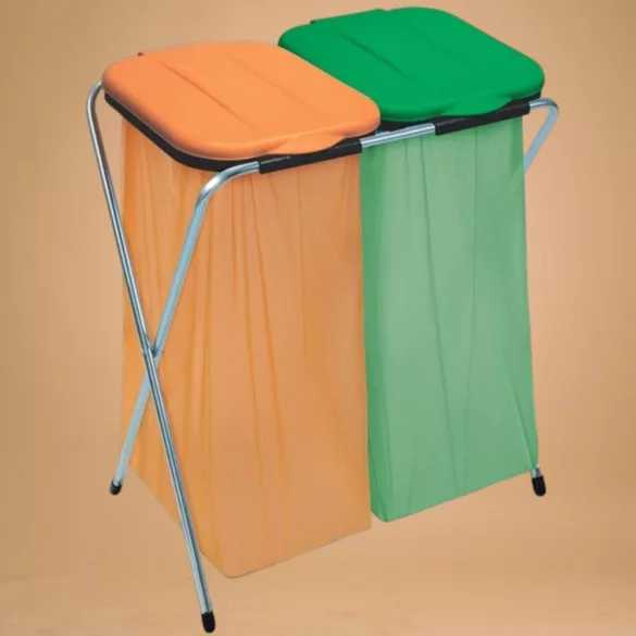 Szemeteszsáktartó állvány, Strend Pro Ecofix-2 Duo, kétzsákos, zsákkapacitás: 20-130 l, horganyzott keret, 66 × 42 × 78 cm, narancssárga + zöld fedél
