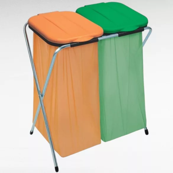Szemeteszsáktartó állvány, Strend Pro Ecofix-2 Duo, kétzsákos, zsákkapacitás: 20-130 l, horganyzott keret, 66 × 42 × 78 cm, narancssárga + zöld fedél