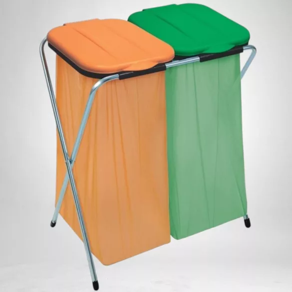 Szemeteszsáktartó állvány, Strend Pro Ecofix-2 Duo, kétzsákos, zsákkapacitás: 20-130 l, horganyzott keret, 66 × 42 × 78 cm, narancssárga + zöld fedél