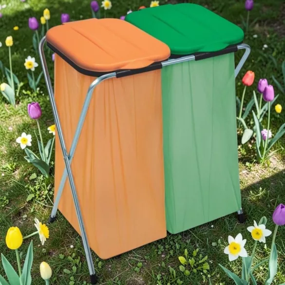 Szemeteszsáktartó állvány, Strend Pro Ecofix-2 Duo, kétzsákos, zsákkapacitás: 20-130 l, horganyzott keret, 66 × 42 × 78 cm, narancssárga + zöld fedél