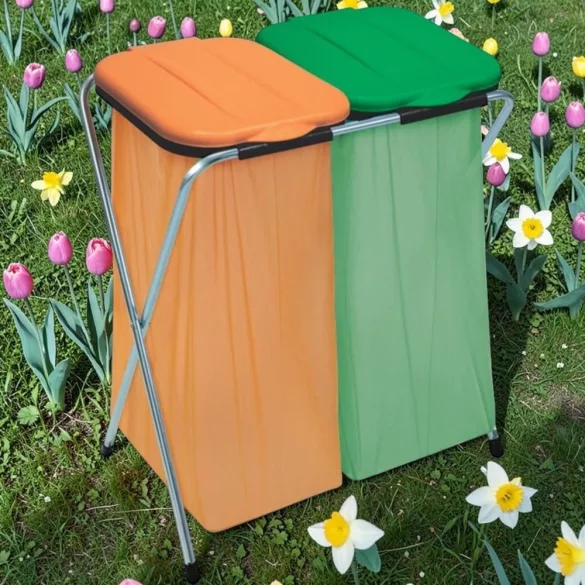 Szemeteszsáktartó állvány, Strend Pro Ecofix-2 Duo, kétzsákos, zsákkapacitás: 20-130 l, horganyzott keret, 66 × 42 × 78 cm, narancssárga + zöld fedél