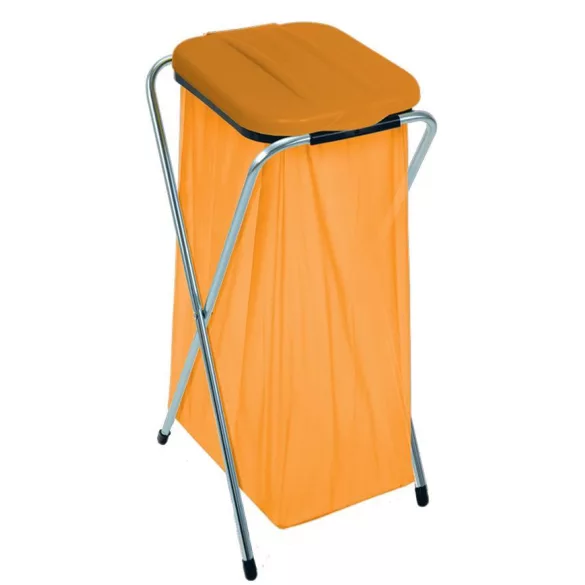 Szemeteszsáktartó állvány, Strend Pro Ecofix-1 Solo, egyzsákos, zsákkapacitás: 20–130 l, horganyzott keret, 36 × 42 × 78 cm, narancssárga fedél