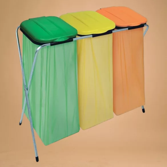 Szemeteszsáktartó állvány, Strend Pro Ecofix-3 Trio, háromzsákos, zsákkapacitás: 20–130 l, horganyzott keret, 96 × 42 × 78 cm, narancssárga + zöld + sárga fedél