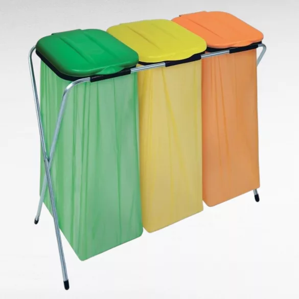 Szemeteszsáktartó állvány, Strend Pro Ecofix-3 Trio, háromzsákos, zsákkapacitás: 20–130 l, horganyzott keret, 96 × 42 × 78 cm, narancssárga + zöld + sárga fedél